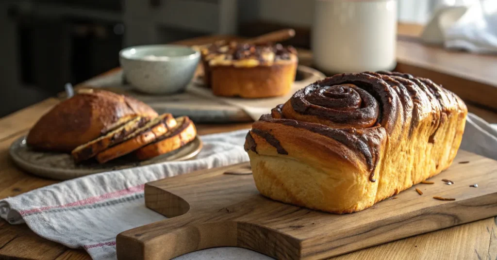 A freshly baked chocolate babka and brioche loaf on a wooden board, showcasing their textures.