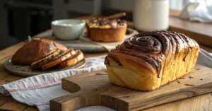 A freshly baked chocolate babka and brioche loaf on a wooden board, showcasing their textures.