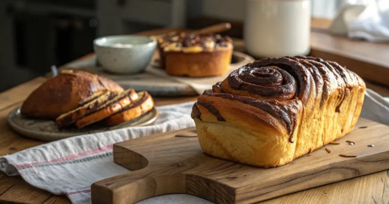 A freshly baked chocolate babka and brioche loaf on a wooden board, showcasing their textures.
