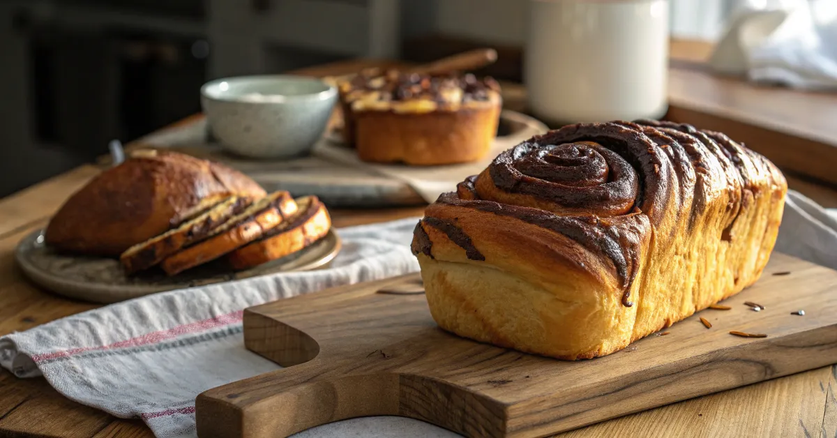 A freshly baked chocolate babka and brioche loaf on a wooden board, showcasing their textures.