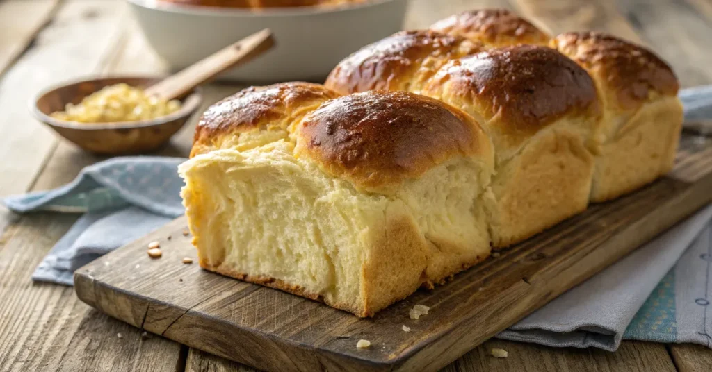 A close-up of a golden-brown brioche loaf with a soft, airy crumb, placed on a wooden table.