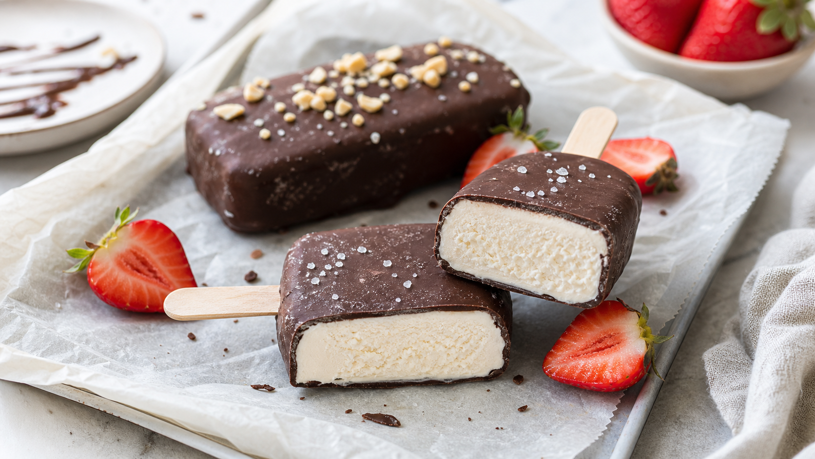 High-protein cottage cheese ice cream bars with chocolate shell