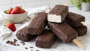 Chocolate cottage cheese ice cream bars with creamy vanilla centers