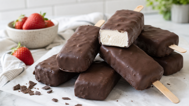 Chocolate cottage cheese ice cream bars with creamy vanilla centers
