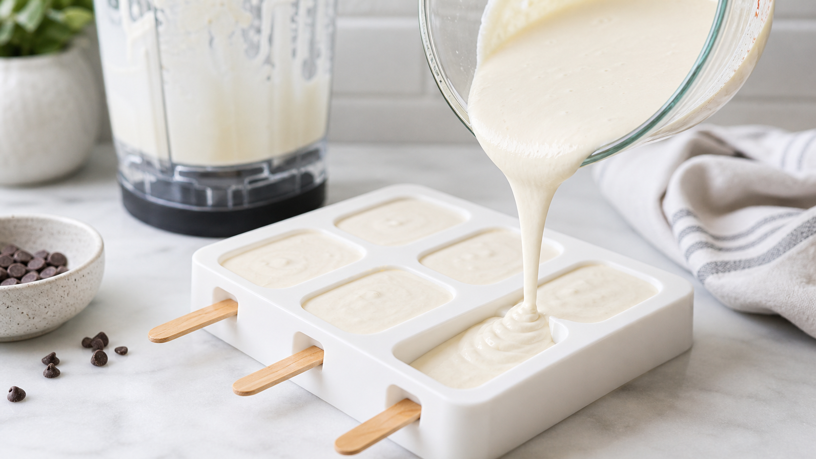 Pouring blended cottage cheese ice cream mixture into molds
