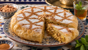 Moroccan chicken bastilla recipe with flaky pastry and almond filling