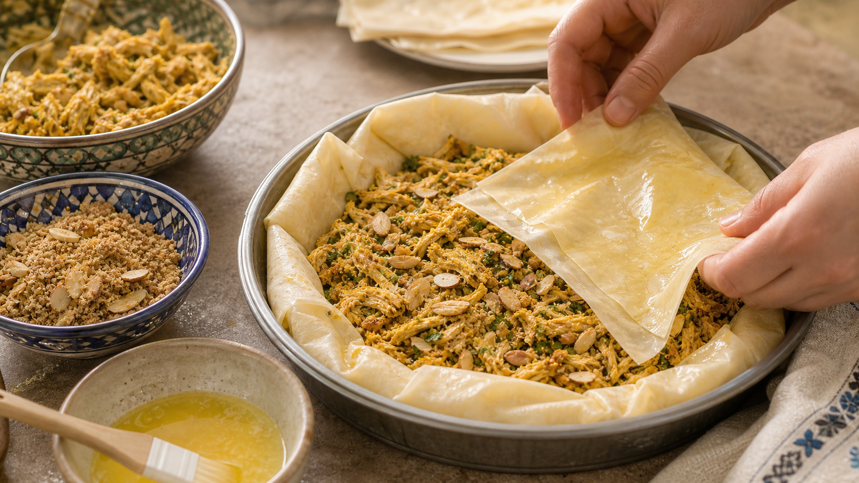 Assembling Moroccan chicken bastilla with phyllo pastry and spiced chicken filling