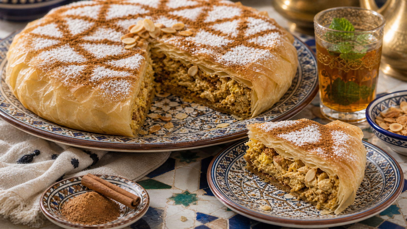 Finished Moroccan chicken bastilla served with powdered sugar cinnamon and mint tea